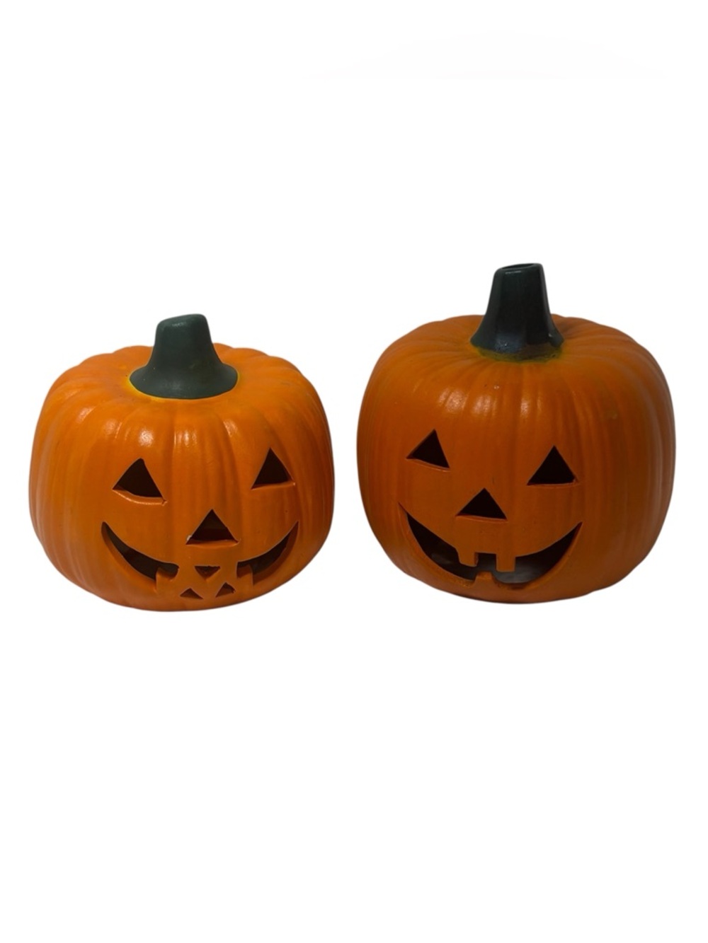 VTG Terracotta Hand Painted Jack O' Lantern Clay Pumpkin Halloween Luminary Duo